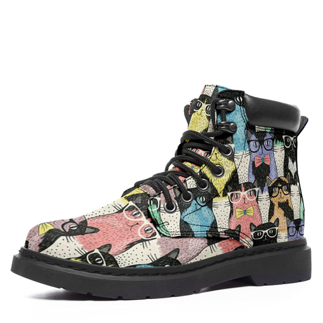 Botas clássicas com estampa de gato botins femininos de couro com cadarço botas de combate da moda feminina