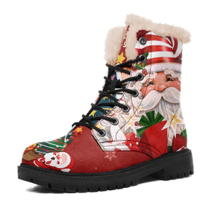 Botas femininas de inverno, botas de natal personalizadas com estampa de papai noel femininas forradas de pele com cadarço no tornozelo 